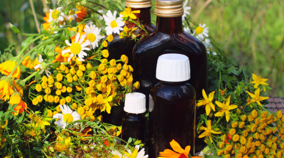 Medical herbs with aromatherapy essential oil and tincture in glass bottle.