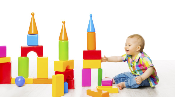 Baby Kid Play Block Toys Building, Child Boy Constructor Playing Bricks Game, Children Room over White